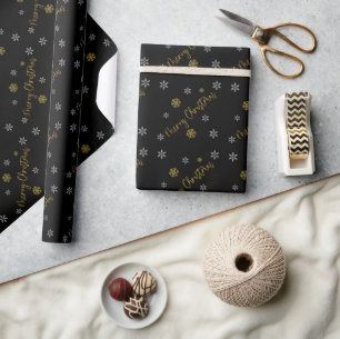 Papel De Presente Feliz Natal Elegantes Flocos de Neve Dourados