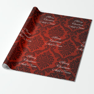 Papel De Presente Feliz Natal em Damasco Vermelho com Nome de Natal