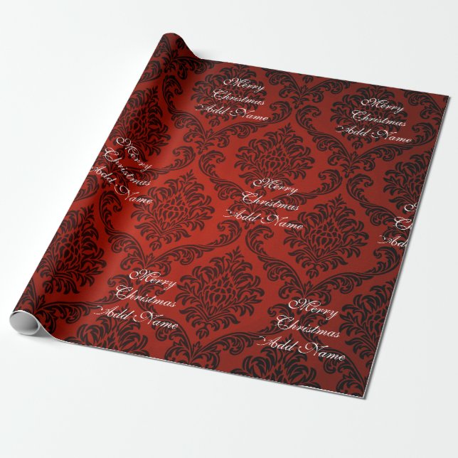Papel De Presente Feliz Natal em Damasco Vermelho com Nome de Natal (Desenrolado)