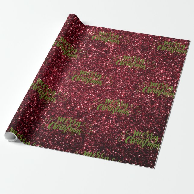Papel De Presente Feliz Natal Em Glitter Burgundy E Verde (Desenrolado)