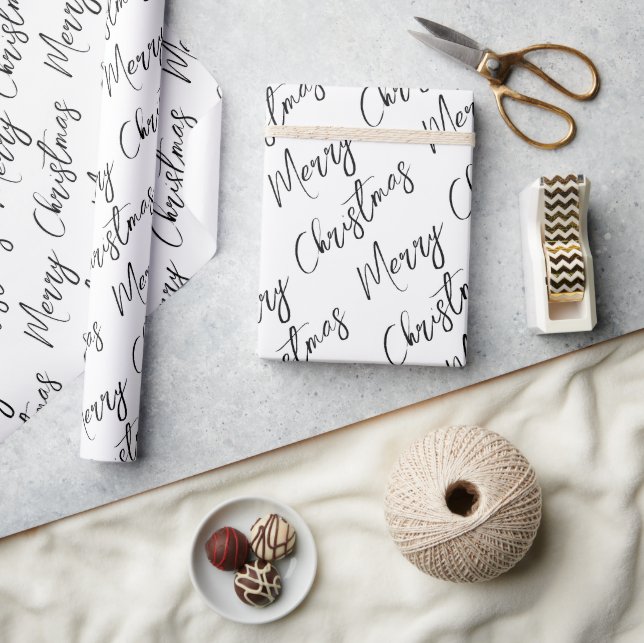 Papel De Presente Feliz Natal em Letra Moderna Preta e Branca (Artesanato)