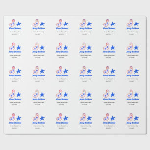 Papel De Presente Feliz Natal estrela azul meias vermelhas nome data