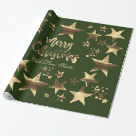 Papel De Presente Feliz Natal Estrelas Dourado Elegante Verde
