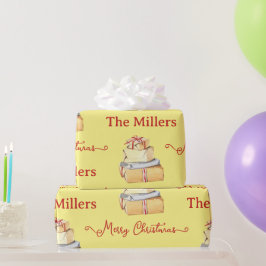 Papel De Presente Feliz Natal Família de Inverno Presentes Amarelos