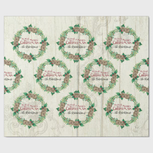 Papel De Presente Feliz Natal Farmhouse Wreath Pine Cone