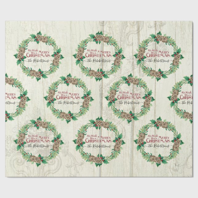 Papel De Presente Feliz Natal Farmhouse Wreath Pine Cone (Barra)