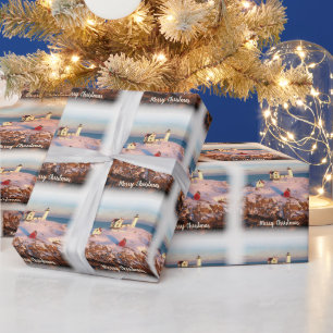 Papel De Presente Feliz Natal - Farol Snowy Maine