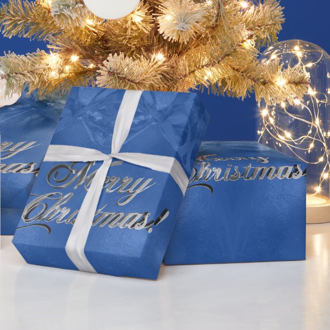 Papel De Presente Feliz Natal Faux Silver Foil Script Blue (Feriados)