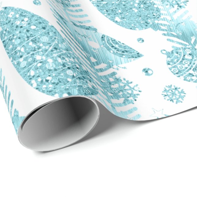 Papel De Presente Feliz Natal Feriados Aqua Branco, Árvore de Natal  (Ponta do rolo)