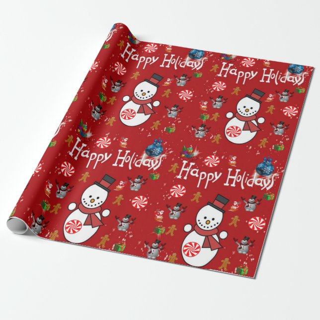 Papel De Presente Feliz Natal Feriados Felizes Snowman (Desenrolado)