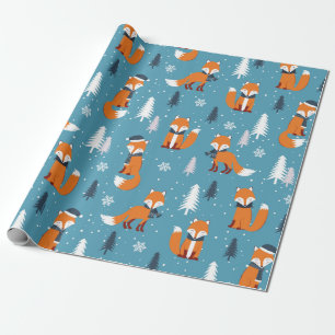 Papel De Presente Feliz Natal Fir Tree Snow Fox White Blue