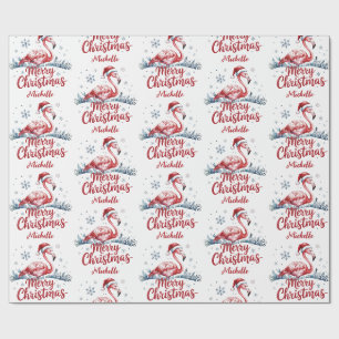 Papel De Presente Feliz Natal Flamingo Rosa Personalizado