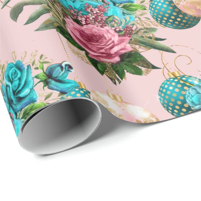 Papel De Presente Feliz Natal Glitter Bauble Dourado Rosa Azul (Ponta do rolo)