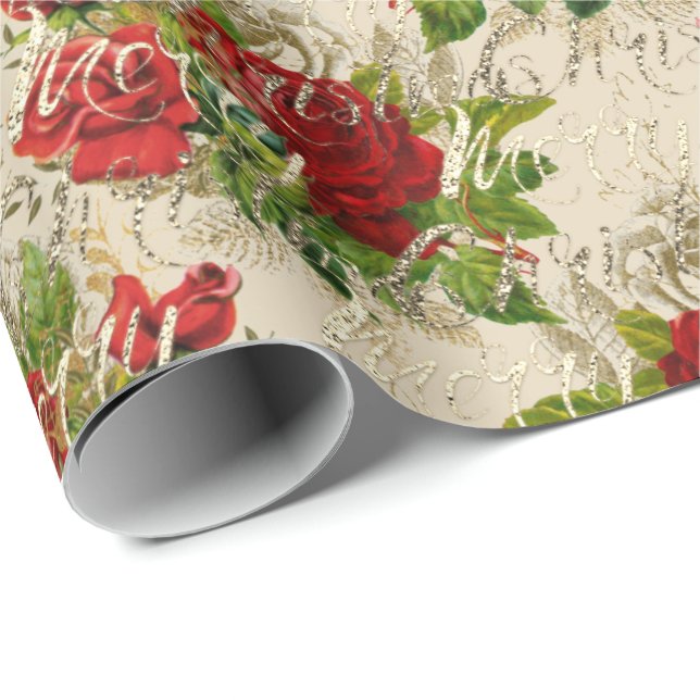 Papel De Presente Feliz Natal Glitter Script Rosa Dourado Red Ivory (Ponta do rolo)