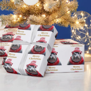 Papel De Presente Feliz Natal Hippo beanie e cachecol
