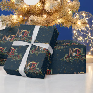 Papel De Presente Feliz Natal Holly Berries Noel Dourado Red Blue