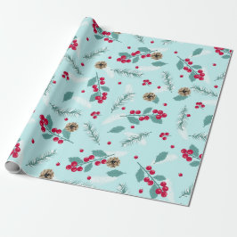Papel De Presente Feliz Natal Holly Berry Fir Branch Blue Red