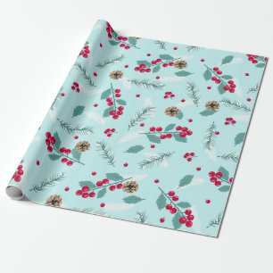 Papel De Presente Feliz Natal Holly Berry Fir Branch Blue Red