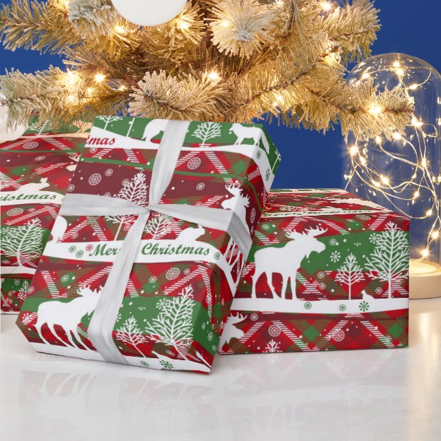 Papel De Presente Feliz Natal, inverno, alce e lobos, (Feriados)