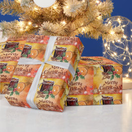 Papel De Presente Feliz Natal Laranja Holly Berry Cinnamon