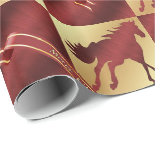 Papel De Presente Feliz Natal Lg do cavalo do ouro e do vinho.