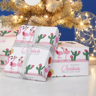 Papel De Presente Feliz Natal Menina Rosa Rosa Rosa Flamingo Cactus