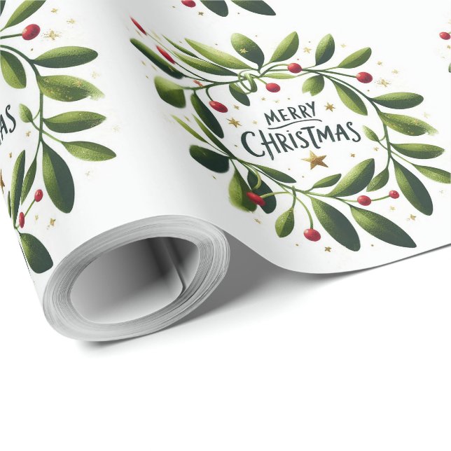 Papel De Presente Feliz Natal Mistletoe Wreath (Ponta do rolo)