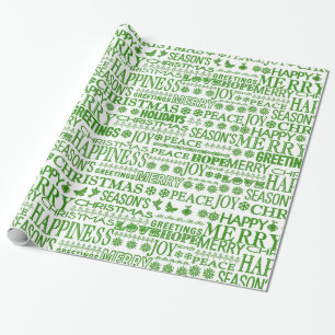 Papel De Presente Feliz Natal Multilingue Verde e Branco