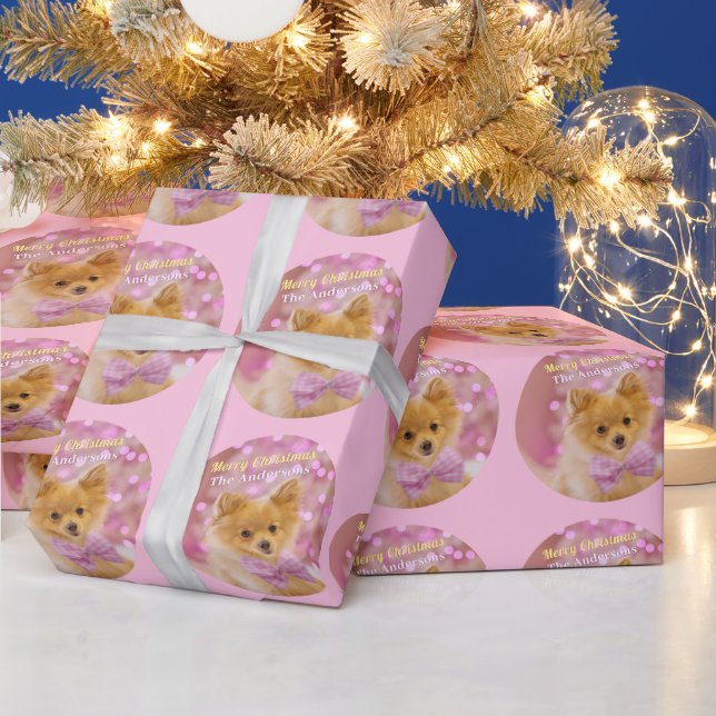 Papel De Presente Feliz Natal & Nome, Cão Bonito, Rosa Pálido (Feriados)
