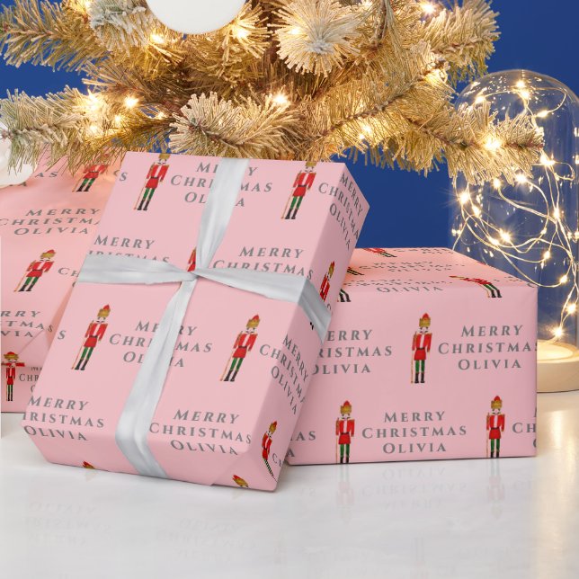 Papel De Presente Feliz Natal Nutcracker Nome Cinza Rosa Moderno (Feriados)