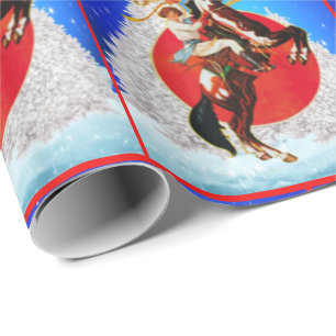 Papel De Presente Feliz Natal ocidental da cena do inverno do cavalo