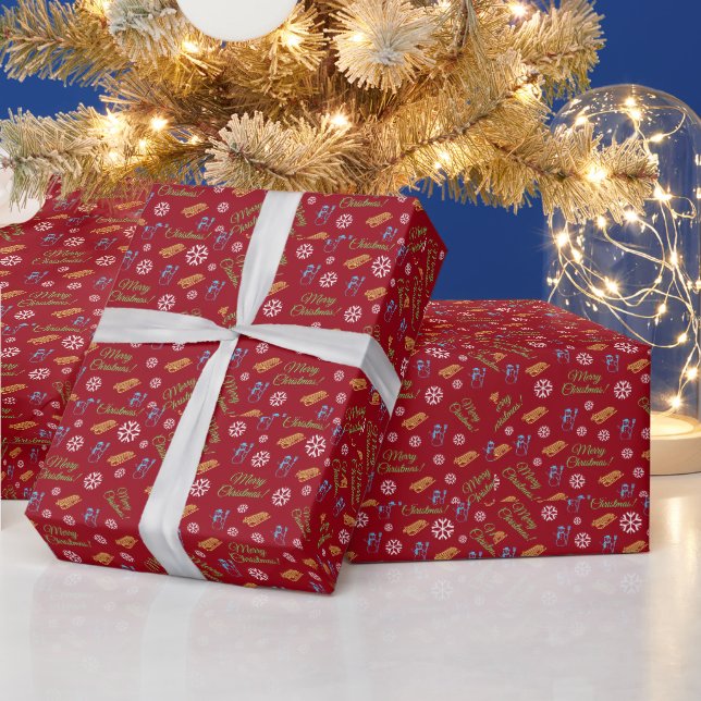 Papel De Presente Feliz Natal Padrão Floco de Neve Vermelho (Feriados)