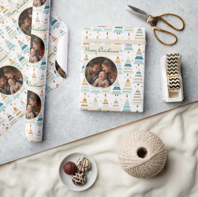 Papel De Presente Feliz Natal Padrão Personalizado de Árvores de Fot (Artesanato)