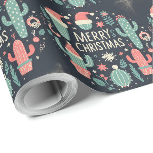 Papel De Presente Feliz Natal Papais noeis com cacto de vaso