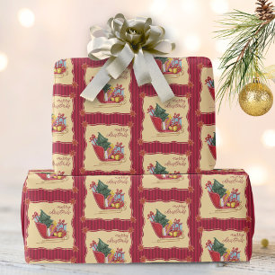 Papel De Presente Feliz Natal Passeio de Trenó Listras Vermelhas