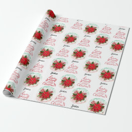 Papel De Presente Feliz Natal Poinsettia nome personalizável