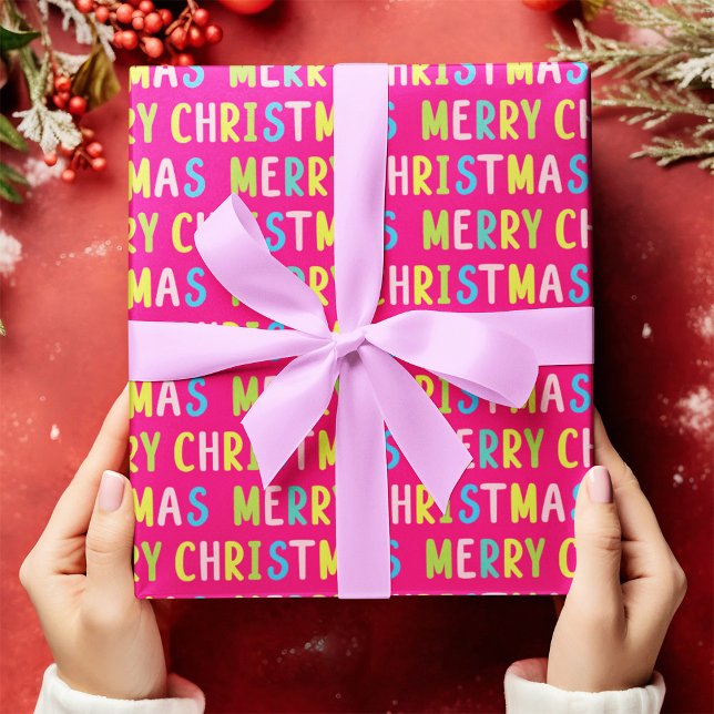 Papel De Presente Feliz Natal Quente Fundo Rosa (Merry Christmas Hot Pink Background Wrapping Paper)
