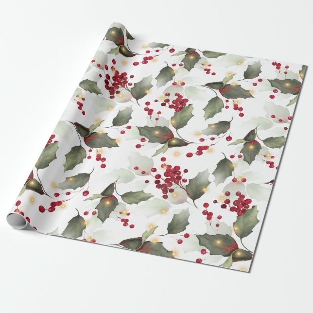 Papel De Presente Feliz Natal Red Holly Berries Luzes Douradas (Desenrolado)