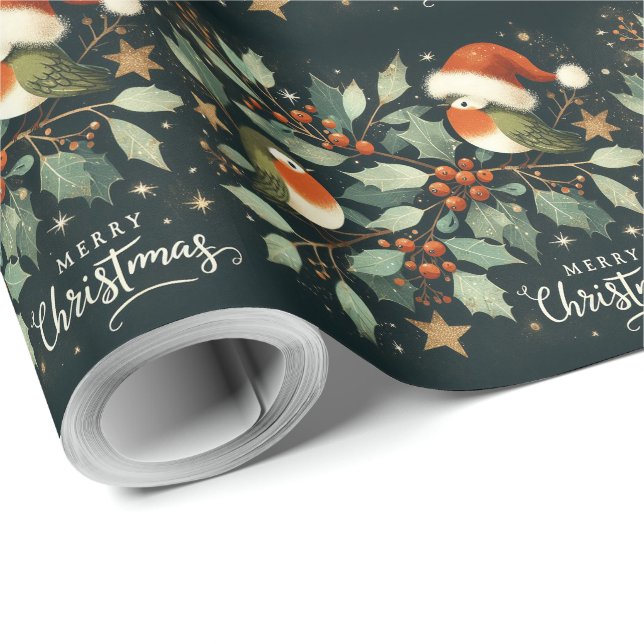 Papel De Presente Feliz Natal Robin Mistletoe Wreath (Ponta do rolo)
