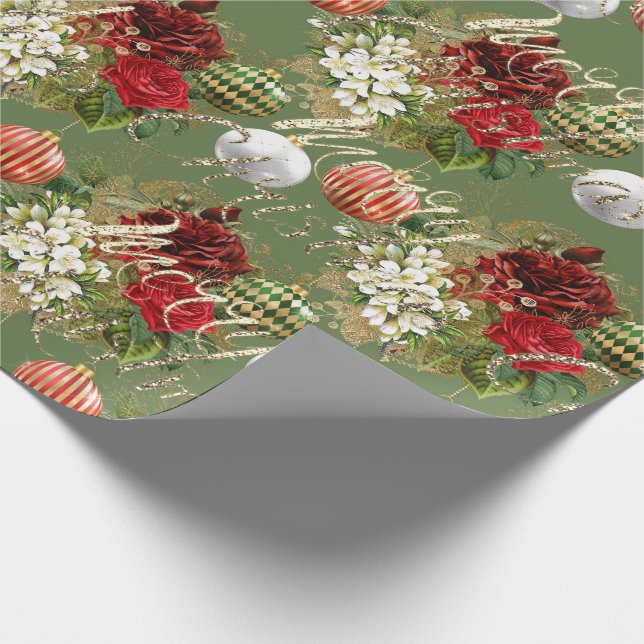 Papel De Presente Feliz Natal - Rosas Dourados Red Spark Green (Ponta)