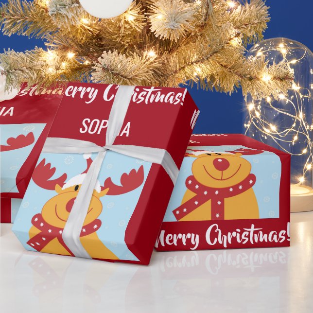 Papel De Presente Feliz Natal Rudolph Reindeer Personalize Nome (Feriados)