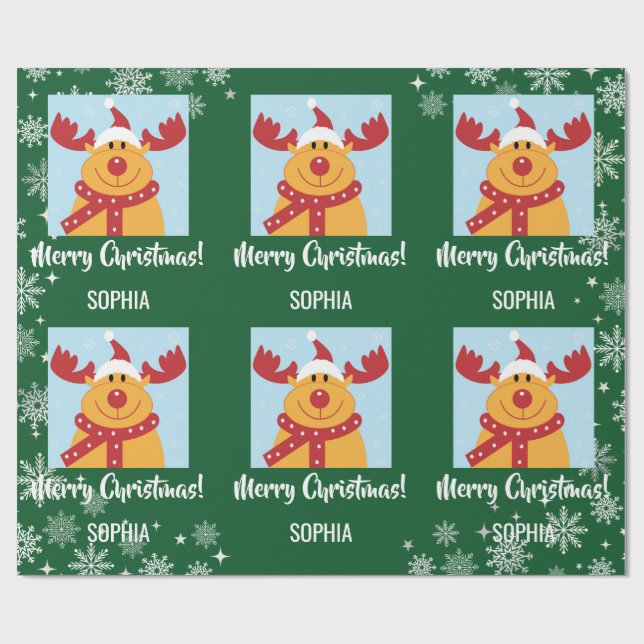 Papel De Presente Feliz Natal Rudolph Reindeer Personalize Nome (Aberto)