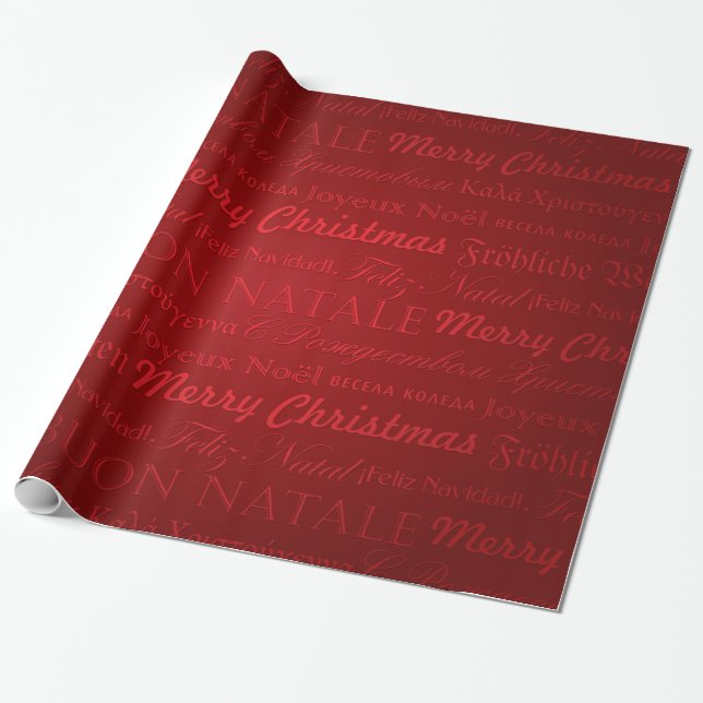 Papel De Presente Feliz Natal saudações em vários idiomas vermelho (Desenrolado)