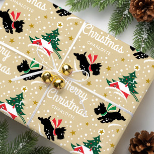 Papel De Presente Feliz Natal Scottie Cachorro Neve Nome Dourado