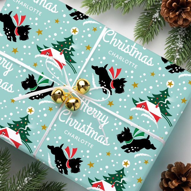 Papel De Presente Feliz Natal Scottie Dog Snow Fun Name Mint (Criador carregado)