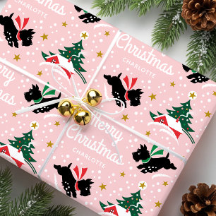 Papel De Presente Feliz Natal Scottie Dog Snow Fun Name Pink