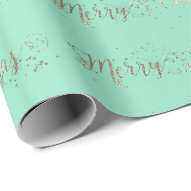 Papel De Presente Feliz Natal Script Aqua Tiffany Mint Faux Dourado (Ponta do rolo)