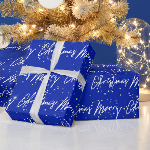 Papel De Presente Feliz Natal Script Azul Marinho Dourado Confetti