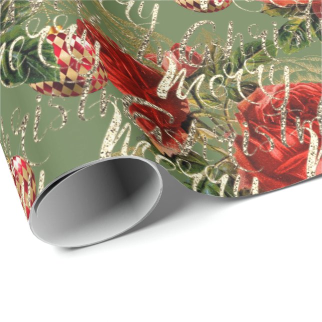 Papel De Presente Feliz Natal Script Bauble Dourado Red Mint (Ponta do rolo)