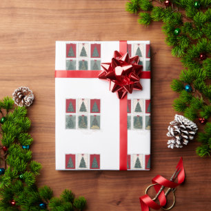 Papel De Presente Feliz Natal Selos Postais Antigos Árvore Laço